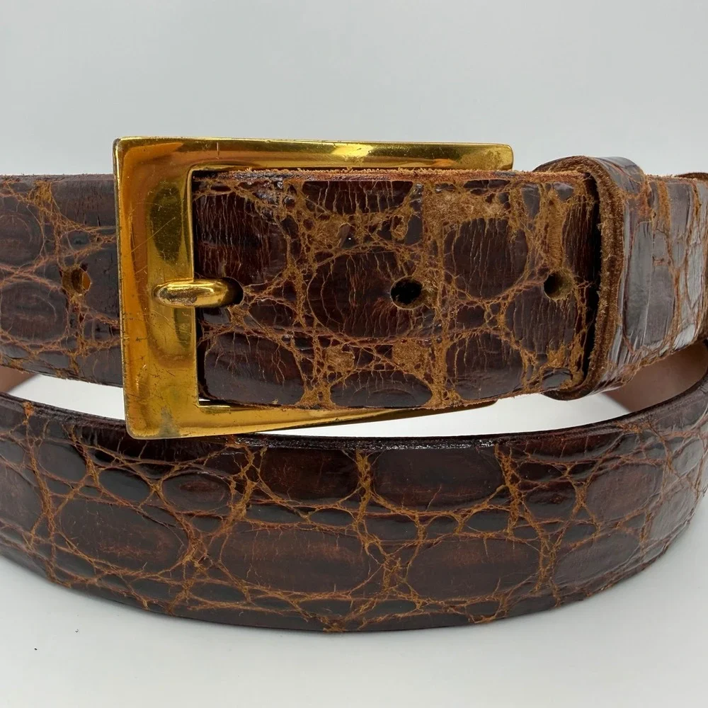 Expanso Vintage Genuine Alligator Leather Belt Brown Gold Buckle Size 38 READ - Picture 2 of 7
